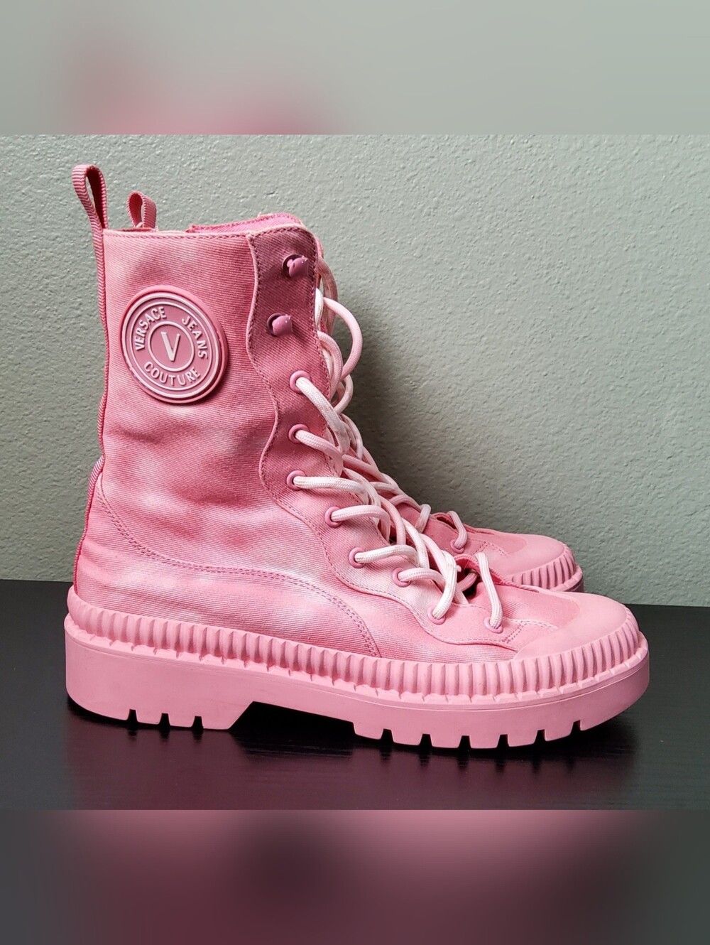 Versace Jeans Couture Pink & White Tie-Dye V Emblem Ankle Boots Size EU 38 US 8